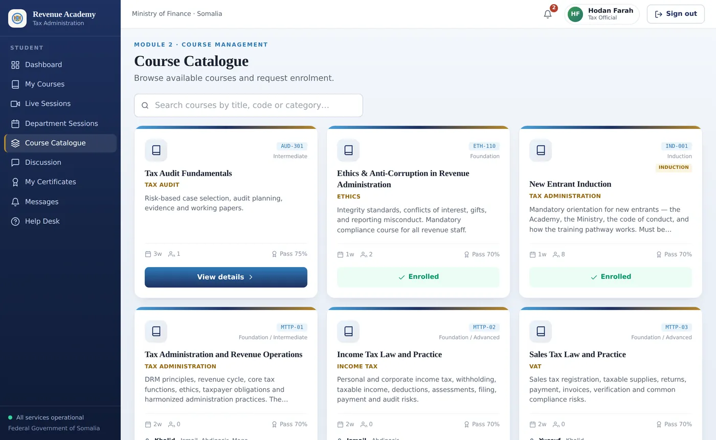 The Revenue Academy platform — course catalogue view